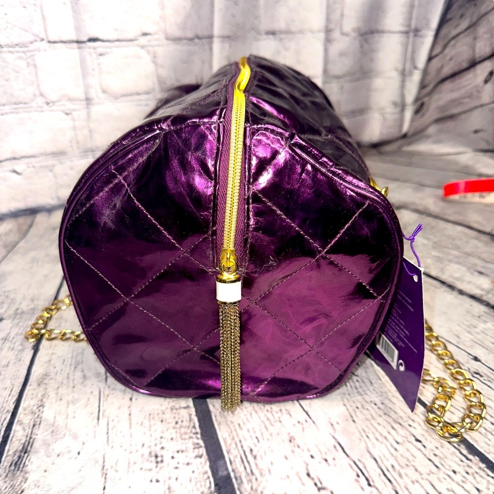 Justin Bieber Bag Quilted Satchel Gold Chain Large Handbag Make Up Shiny Purple - Picture 2 of 7